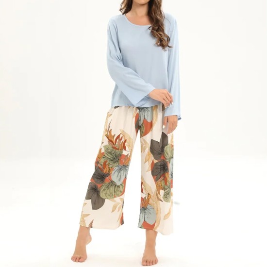 Light Blue 2Pcs Floral Printed Pajama Set for Women's