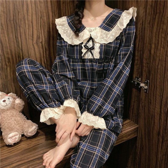 2Pcs Traditional Pajama Set – Black & White Lace Patch Nightwear for Women