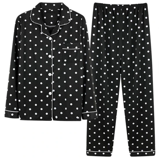 Black 2Pcs Polka Dotted Printed Pajama Set for Women