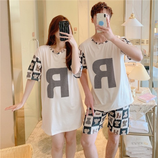 3Pcs Couple Pajama Set – 3D R Cartoon Print Shirt & Trousers Sleepwear – White/Black