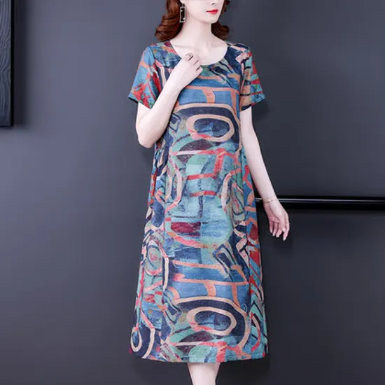 Multicolor Abstract Print Short Sleeve Midi Dress