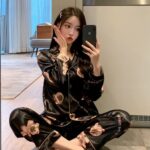 Black Satin Bear Print Pajama Set for Women