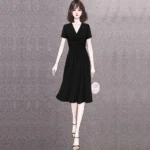 Black Solid V-Neck Wrap Style Midi Dress with Short Sleeves