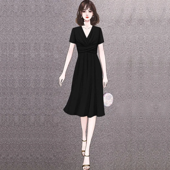 Black Solid V-Neck Wrap Style Midi Dress with Short Sleeves