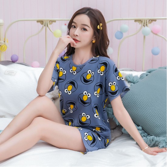 Blue Cartoon Face Print Short Sleeve Pajama Set