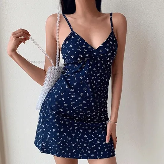 Navy Blue Floral Spaghetti Strap V Neck Slim Fit Mini Dress