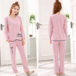 Cute Light Pink Cartoon Bear Print Pajama Set for Women