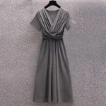 Grey Solid V-Neck Wrap Style Midi Dress with Short Sleeves