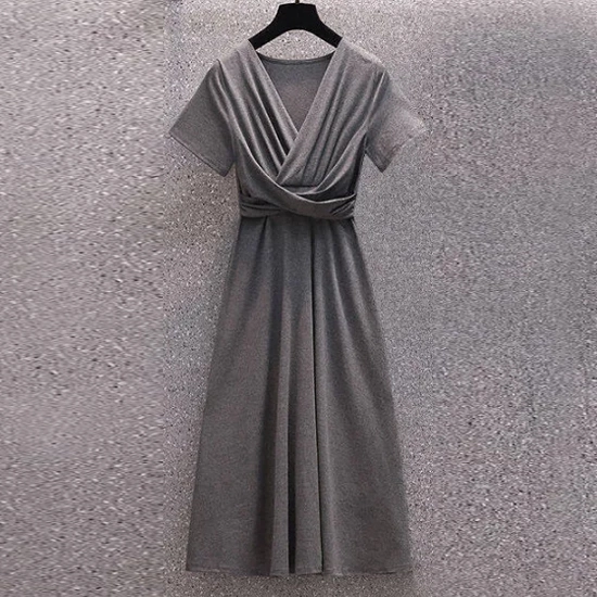 Grey Solid V-Neck Wrap Style Midi Dress with Short Sleeves
