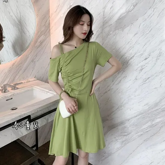 Light Green One Shoulder Ruched Solid Knee Length Dress