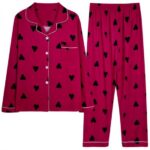 Maroon Heart Print Pajama Set for Women