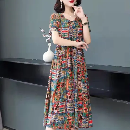Multicolor Ethnic Patchwork Print Midi Dress with Short Sleeves