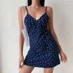 Navy Blue Floral Spaghetti Strap V Neck Slim Fit Mini Dress