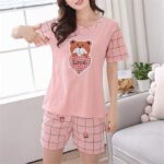 Peach Teddy Heart Print Pajama Set