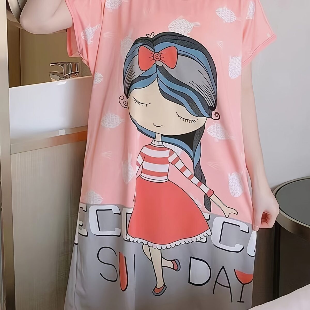 Pink & Blue Cartoon Girl Print Nightdress Single Pcs