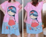 Pink & Blue Cartoon Girl Print Nightdress Single Pcs