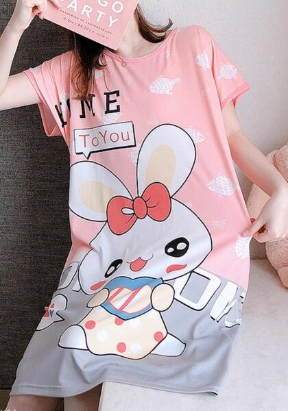 Pink Bunny Cartoon Print Nightdress Single Pcs