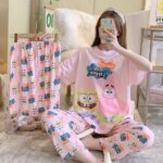 Pink Sponge Cartoon Print Pajama Set