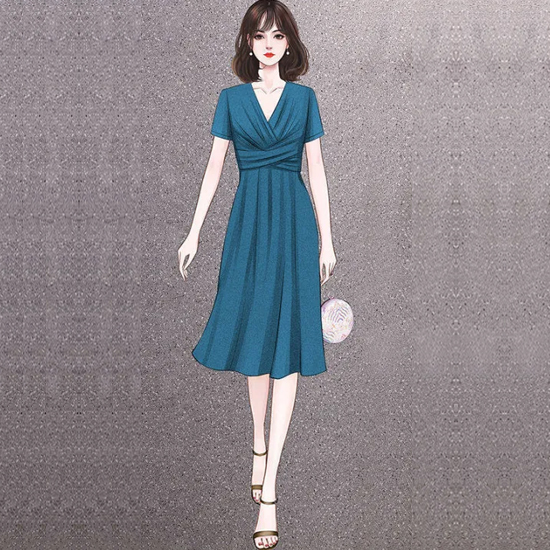 Teal Blue Solid V-Neck Pleated Midi Dress for Women with Short Sleeves