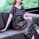 Women Multicolor Abstract Print Short Sleeve Midi Dress