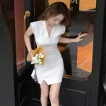 White Solid V-Neck Bodycon Mini Dress with Front Slit