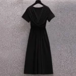 Women Black Solid V-Neck Wrap Style Midi Dress with Short Sleeves