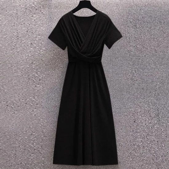Women Black Solid V-Neck Wrap Style Midi Dress with Short Sleeves