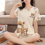 Creamy Beige Teddy Family Print 2Pc Pajama Set