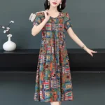 Women Multicolor Ethnic Patchwork Print Midi Dress with Short Sleeves