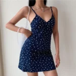 Navy Blue Floral Spaghetti Strap V Neck Slim Fit Mini Dress