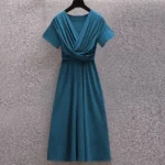 Women Teal Blue Solid V-Neck Pleated Midi Dress with Short Sleeves